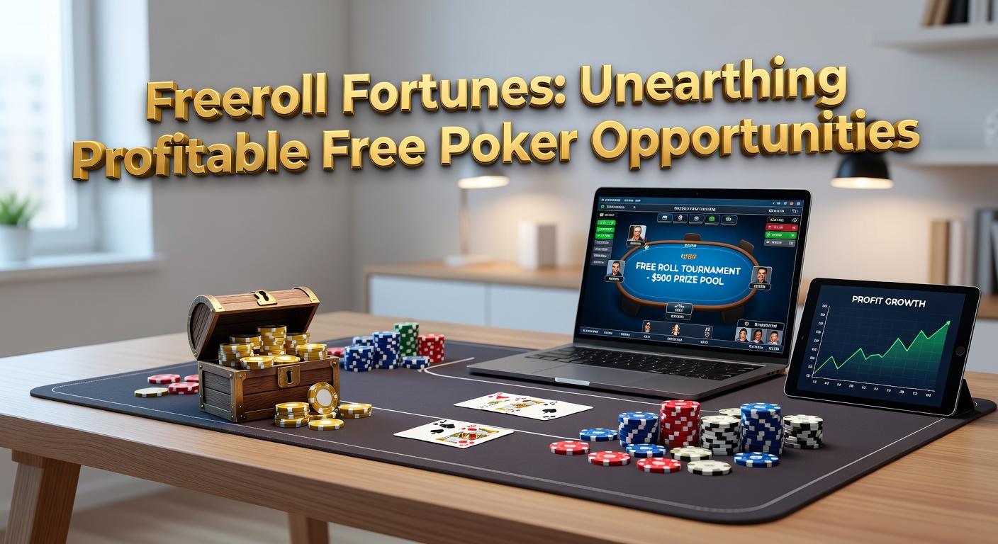 Spieler am Poker-Tisch bei einem Freeroll-Turnier, umgeben von Chips und Bildschirmen mit Turnier-Überblicken