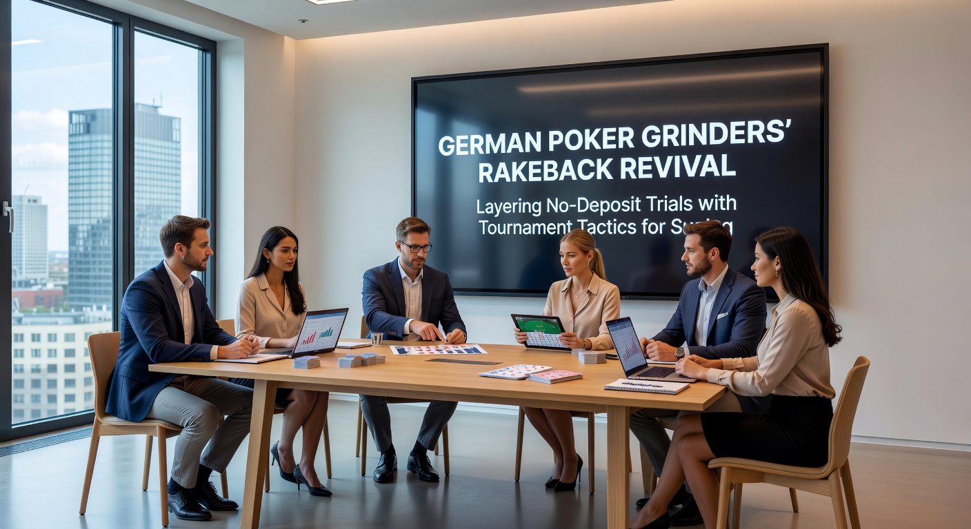 Turnier-Tafel mit deutschen Grindern, die Strategien besprechen und Rakeback-Tracker überwachen
