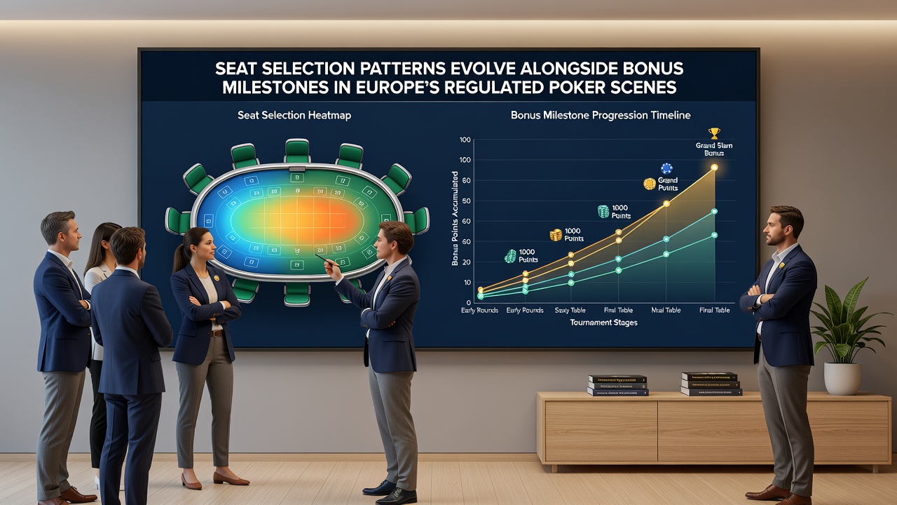 Detailansicht eines Poker-Tisches mit Fokus auf Sitzanordnung und Bonus-Tracker in einer regulierten Umgebung